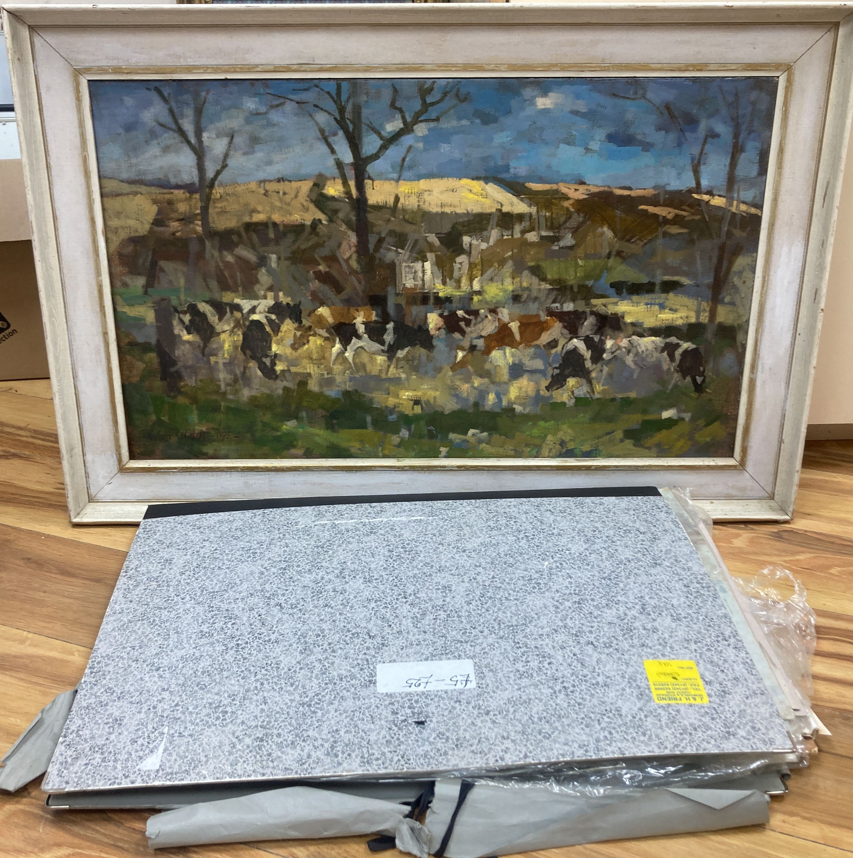 Michael Cadman (1920-2010), an oil on board and folio of works, Cattle Composition and assorted watercolours, largest 44 x 75cm.